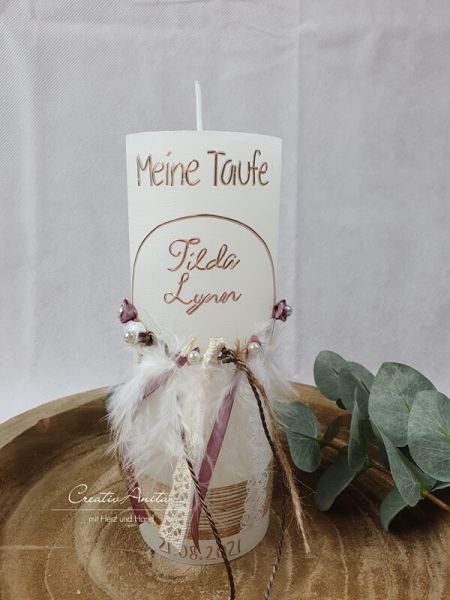 Taufkerze Rustikkerze -Boho-Stil- Mädchen Weiß-Rosegold - romantisch